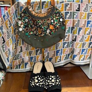 Aldo Black Mules with Pearl and Gem Embellishments and embellished bag